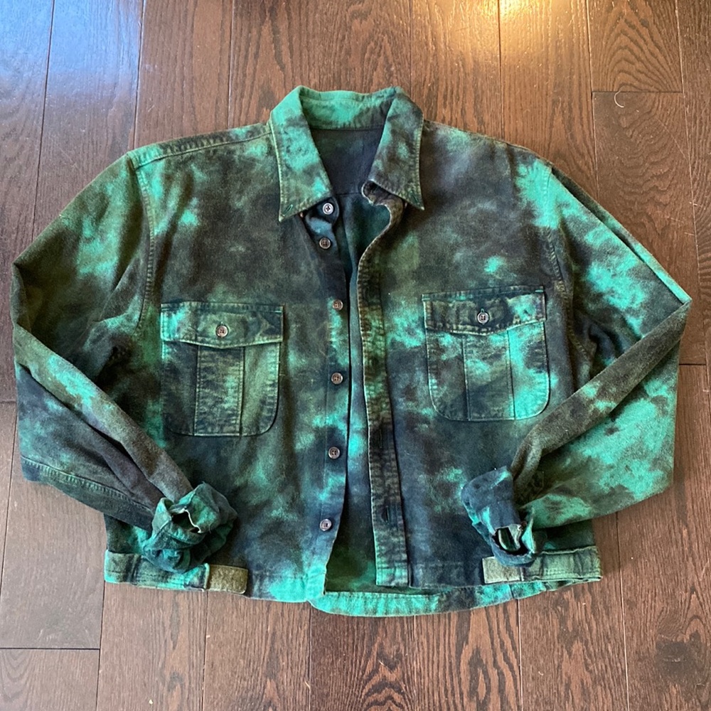 Green & Black Tie Dye Cropped Flannel Shirt Jacket